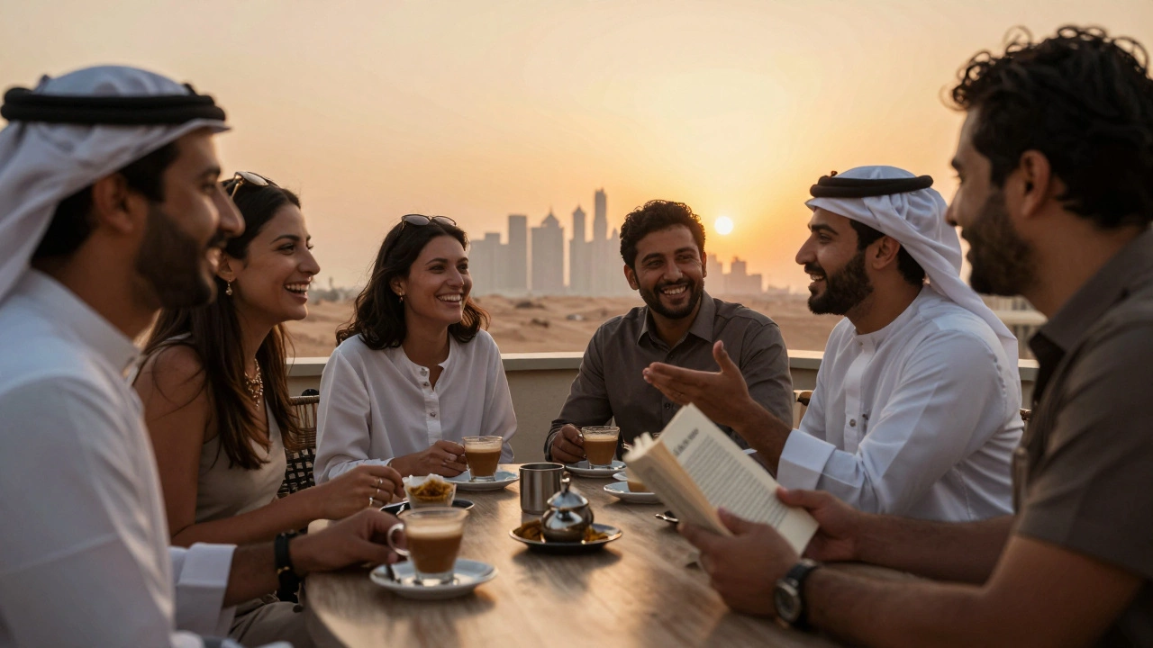 Travelers laughing at a Dubai rooftop lounge, enjoying sunset and coffee together.